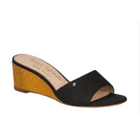 Kate Spade New York Meena Wedge Sandal Black Bamboo & Canvas‎ Slides Size US 8 - Picture 1 of 8